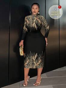 Slaydiva 亮片印花修身长袖圆领长裙，休闲且适合大码、派对和正式穿着