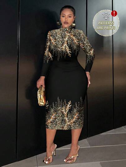 Slaydiva 亮片印花修身长袖圆领长裙，休闲且适合大码、派对和正式穿着