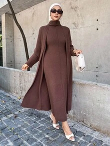 DAZY Set de 2 piezas: Vestido largo de cuello alto de unicolor y Cárdigan de punto, estilo casual de otoño para mujer - Café integral - Ver 3