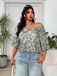 SHEIN EZwear 植物印花休闲宽松大码女式蝙蝠袖T恤 - 彩色 - 查看 6