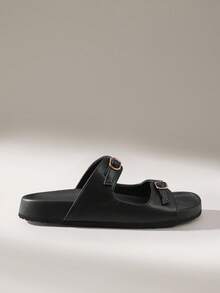 Solecia Sandalias planas casuales de slip-on negras para mujer - Negro - Ver 2
