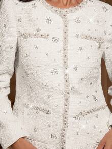 Lilora 女士优雅仿珍珠装饰闪亮设计通勤夹克粗花呢夹克女白色开衫女士冬季女装高端、精致、优雅 - 白色 - 查看 8