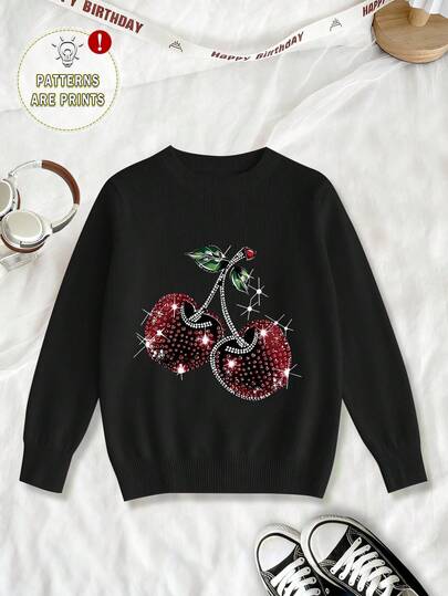 1 件女童长袖毛衣，简约韩版风格，红色闪亮樱桃印花，舒适秋冬，宽松休闲毛衣，适合学校活动，户外冬装，时尚百搭，柔软舒适女童毛衣，适合秋冬