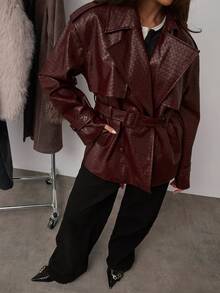 SHEIN BAE 女士纯色双排扣系带风衣，通勤风格 - 摩卡棕 - 查看 4