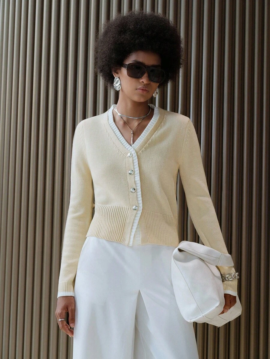 Lumivelle Cardigan sem mangas com decote em V 2 em 1 em cores contrastantes - Damasco - Ver 1