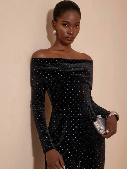 JIAN LASALA Kombinezony z odkrytymi ramionami i rozkloszowanymi nogawkami, czarne, damskie, jesienno-zimowe, na imprezę, damskie, z siateczki, na imprezę, z cekinami, z odkrytymi ramionami, eleganckie, luksusowe, stylowe, kolekcja odzieży