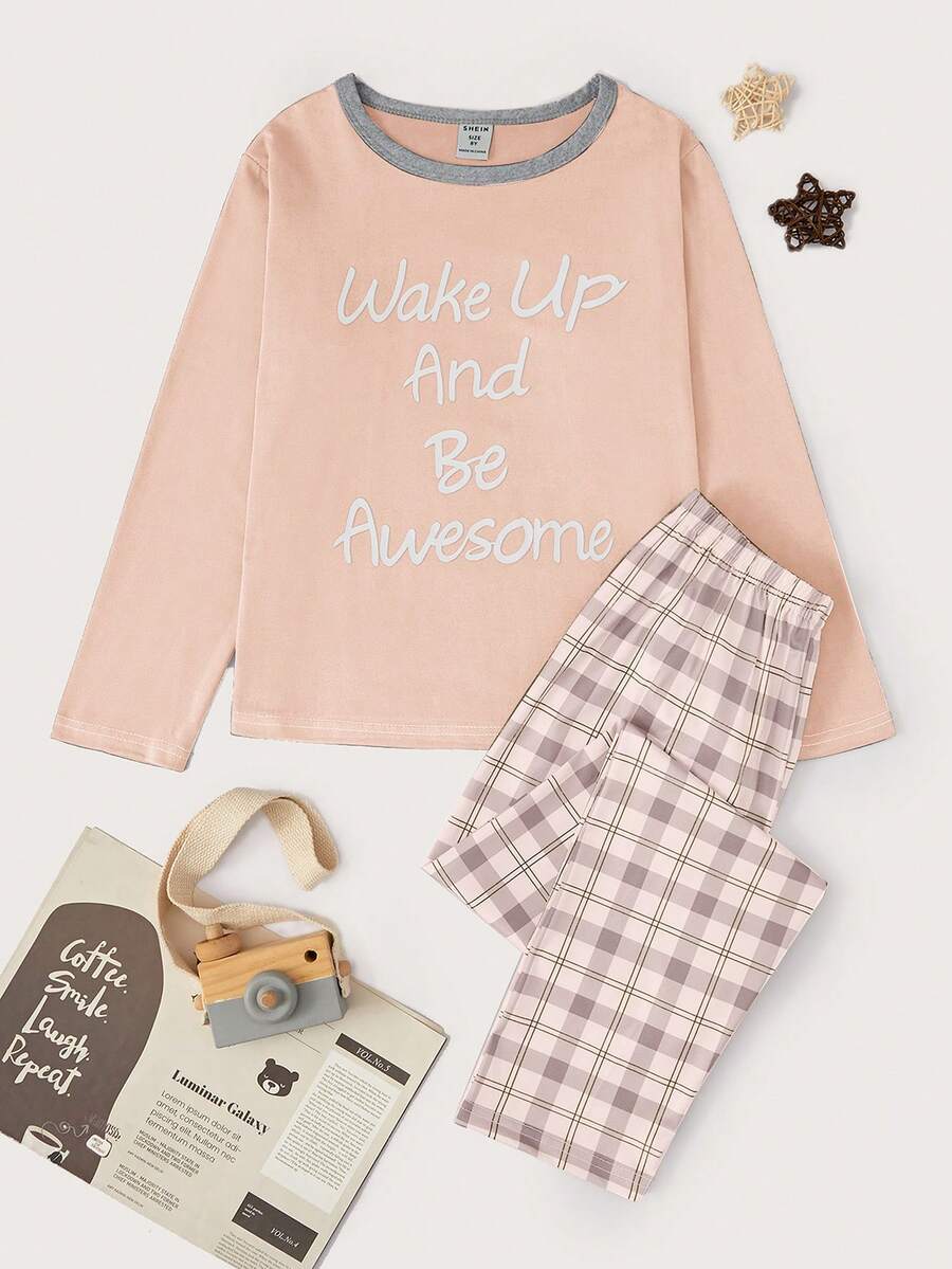 Set de 2 piezas de pantalones a cuadros y blusa de manga larga con estampado de letras en inglés, conjunto informal de ropa de casa para niñas preadolescentes - Rosa vieja - Ver 1