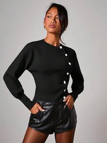 COSMINA Áo khoác cardigan cài nút bất đối xứng thanh lịch dành cho nữ, Thu/Đông - màu đen - Xem 3