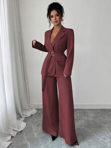 Selianne 2025春秋新款时尚优雅休闲/办公室通勤金属扣腰长袖外套+直筒宽松阔腿裤西装套装 - 酒紅色 - 查看 4