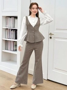 Khaki Plaid Ruffle Trim Shirt & Flare Pants Casual Outfit For Teen Girls Girls Career Pant Suits Linen Two Piece Set Teagan Shirts And Pants Outfit 15 Years Old Girls Pants Suit Teen Pant Suit - Khaki - View 1