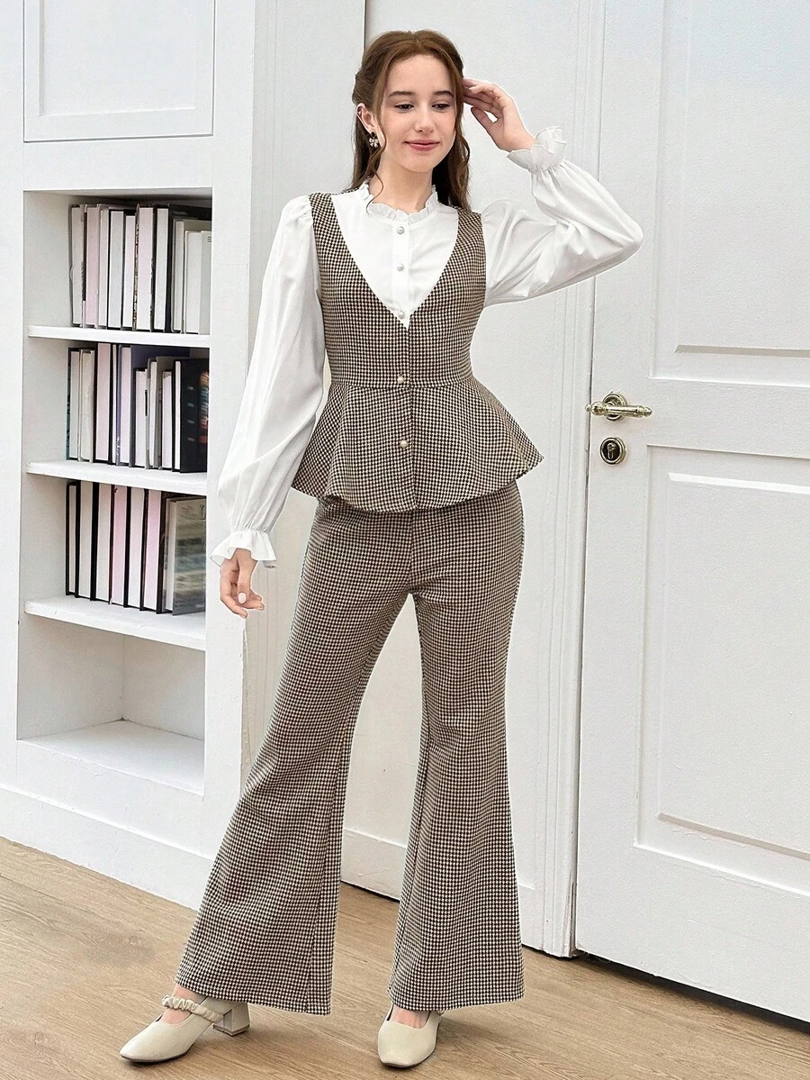 Khaki Plaid Ruffle Trim Shirt & Flare Pants Casual Outfit For Teen Girls Girls Career Pant Suits Linen Two Piece Set Teagan Shirts And Pants Outfit 15 Years Old Girls Pants Suit Teen Pant Suit - Khaki - View 1
