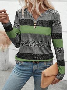 EMERY ROSE Camiseta de manga larga con cuello en V y botones a rayas, estampado aleatorio, camisetas gráficas de otoño para mujer, tops para atuendos de primavera