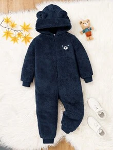 SHEIN Kids Young Boy Cute Bear Embroidered Cartoon Hooded Long Sleeve Jumpsuit, Casual Romper Suitable For School, Garden, Beach, Birthday, Spring, Summer, Autumn, Winter