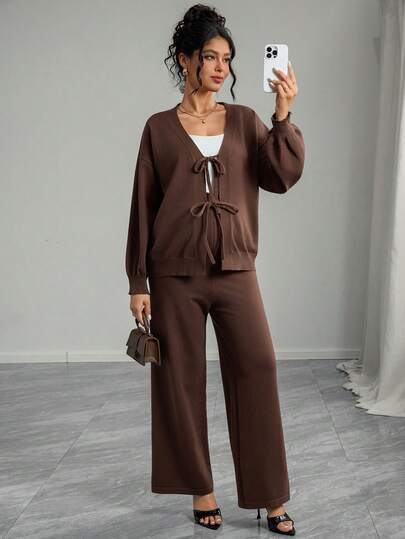 Momance Women Loose Knit Set, Solid Color Top With Front Tie Design, Autumn/Winter Cardigan Sweater Jacket With Solid Color Sweater And Pants, Maternity Sweater Set