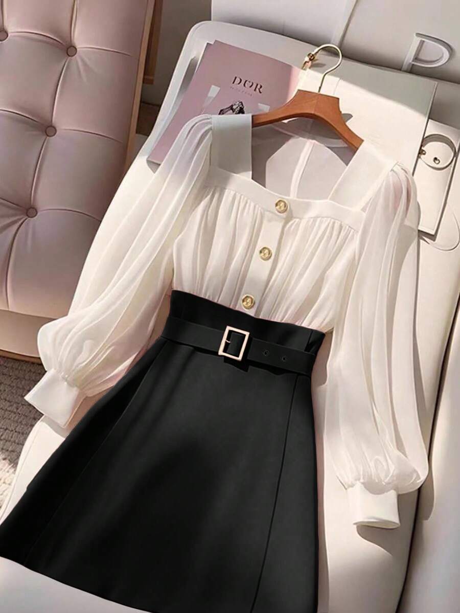 Franclia Women's Contrast Color Mesh Lantern Sleeve Button Design Elegant Dress - Black and White - View 1