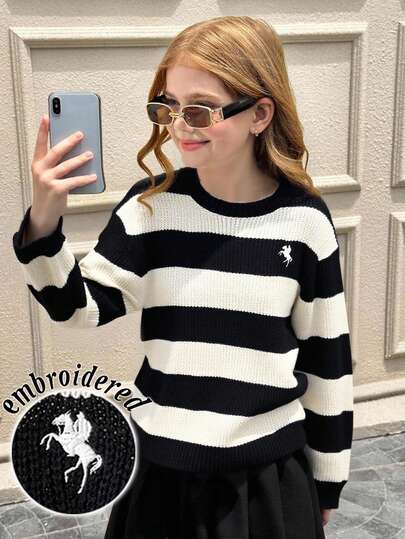 SHEIN 青少年女孩休闲圆领罗纹针织套头毛衣，时尚外出，女童秋冬针织毛衣