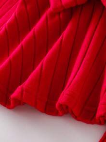 Elladie kids 2 件套女婴针织罗纹长袖收腰长 T 恤和裤子套装，秋季休闲日常装 - 紅色 - 查看 5