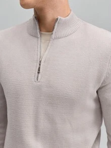 OFFICEAU Men's Casual Solid Color Stand Collar Zip-Up Sweater, Versatile & Minimalist - Light Grey - View 4