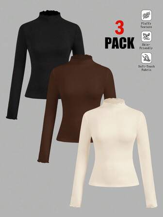 SHEIN EZwear Set de 3 camisetas de manga larga de cuello alto de unicolor y versátil, adecuadas para otoño/invierno