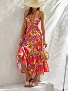 RueChic Maxi Dress-Orange Floral-Halter Neck Dress With Ruffles - Multicolor - View 7