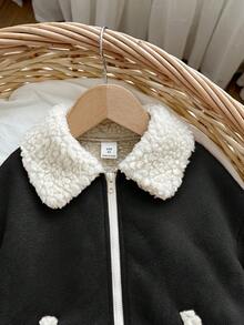 SHEIN 年轻女孩可爱绒面革拼布保暖内衬夹克，适合秋冬穿着 - 黑色 - 查看 6
