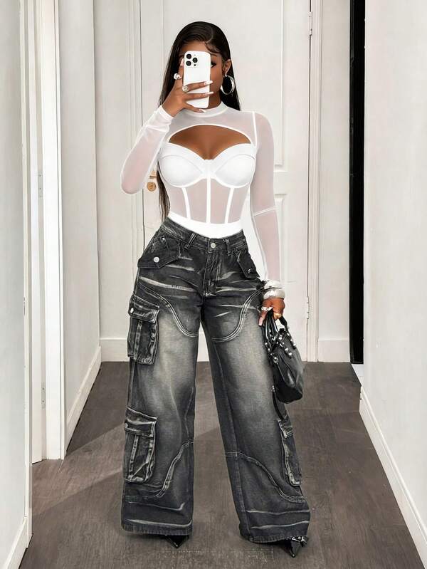 BamGleam Sexy Hollow-Out Underwire Bust Cup Semi-Sheer Long Sleeve Bodysuit For Women, Autumn