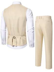 Calvornis 男士纯色马甲和西裤商务正装套装婚礼西装 - 米色 - 查看 2