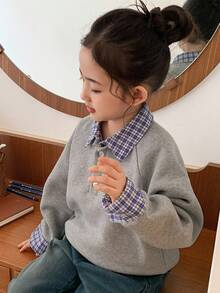 DAZY 女童格子拼接长袖卫衣，秋冬款 - 黑色 - 查看 6