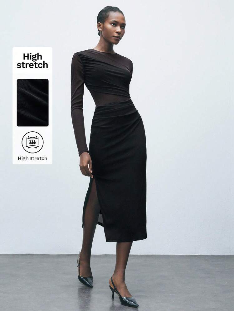 SHEIN Maija Women's Solid Color Round Neck Long Sleeve Pleated Fitted Midi Dress, Elegant & Fashionable