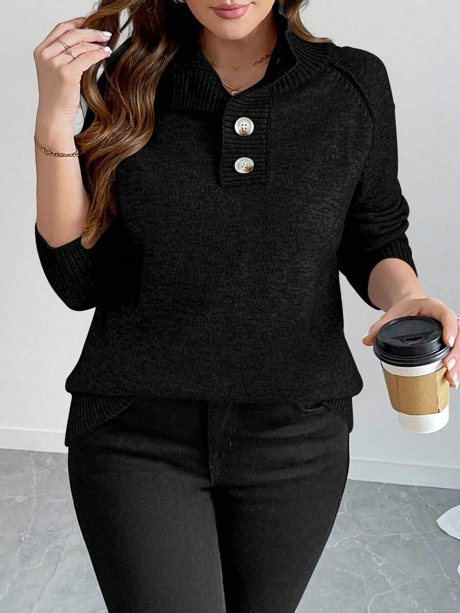 SHEIN LUNE 经典纯色翻领纽扣休闲长袖毛衣，冬季 - 黑色 - 查看 1