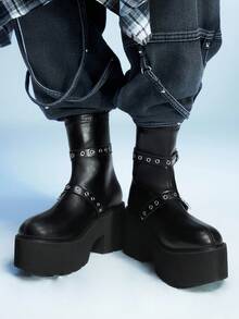 Sugerpunk 女士时尚厚底靴 - 休闲黑色圆扣双带粗跟踝靴 - 舒适一脚蹬 - 黑色 - 查看 6