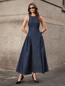 Selenza Women's Fashionable Elegant Hollow Pleated Puff Skirt Washed Casual Denim Dress - Dark Wash - View 2