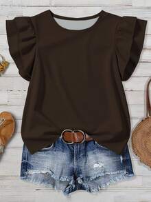 EMERY ROSE Plus Size Summer Casual Solid Color Ruffle Trim Shirt - Brown - View 8