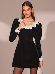 Enchnt Women's Black And White Contrast Lace V-Neck Gigot Sleeve Elegant Velvet Mini Dress,Autumn Fall/Winter Chic&Elegant For Dining&Party Dress - Black - View 1