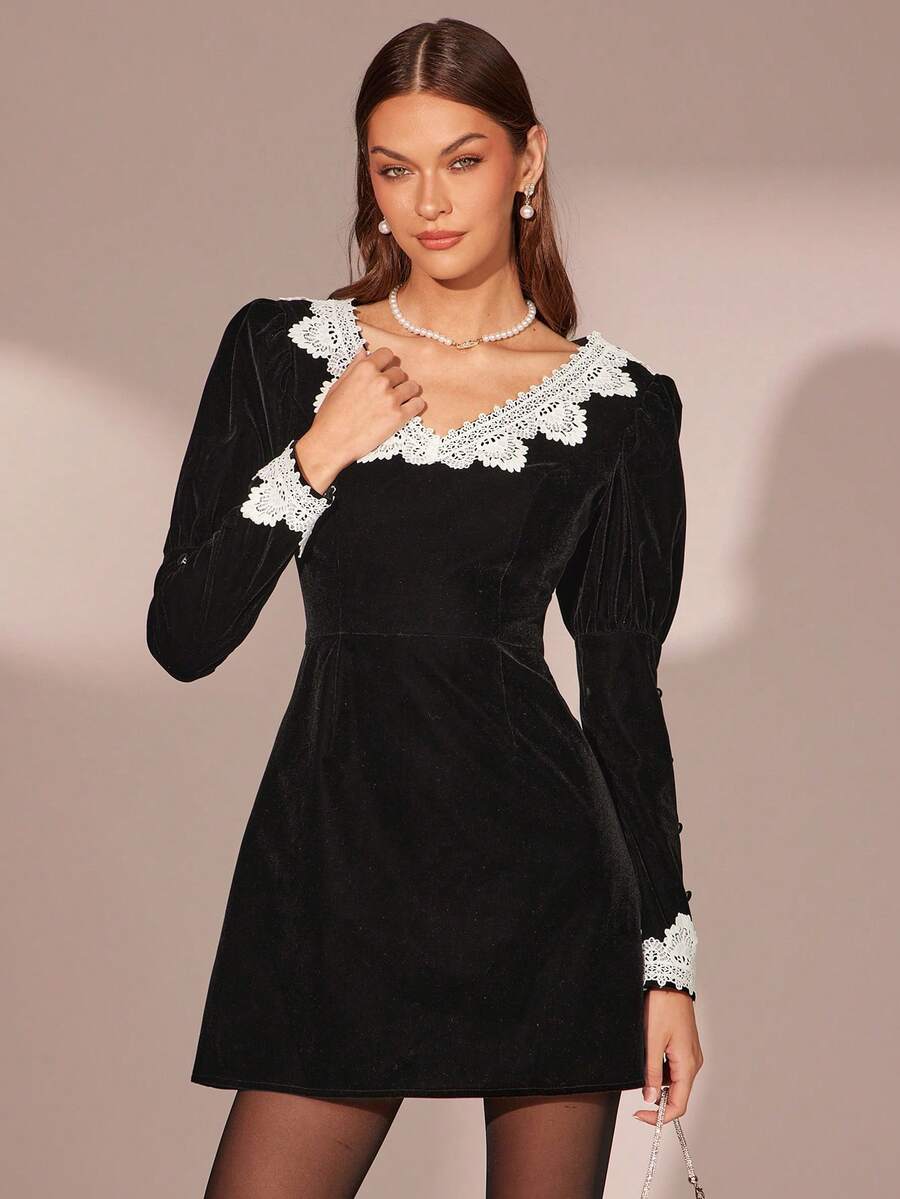 Enchnt Women's Black And White Contrast Lace V-Neck Gigot Sleeve Elegant Velvet Mini Dress,Autumn Fall/Winter Chic&Elegant For Dining&Party Dress - Black - View 1