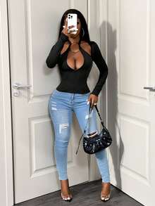 BamGleam Black Sexy Hollow Metal Circle T-ShirtBlack Sexy Hollow Metal Circle T-Shirt - Black - View 7