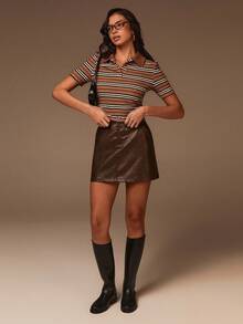 Athîral Blusa de rayas marrón, estilo retro de cuello polo y silueta delgada, estilo universitario, para el look de Año Nuevo de la mujer - Multicolor - Ver 4