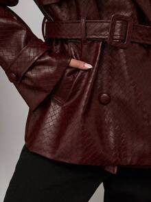 SHEIN BAE 女士纯色双排扣系带风衣，通勤风格 - 摩卡棕 - 查看 7