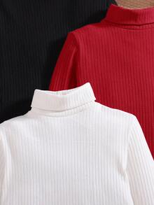 SHEIN Áo thun cổ tròn tay dài màu trơn đơn giản dành cho bé gái tuổi teen 3 chiếc Áo sơ mi tay dài cổ đứng dành cho trẻ em - Đỏ - Xem 4