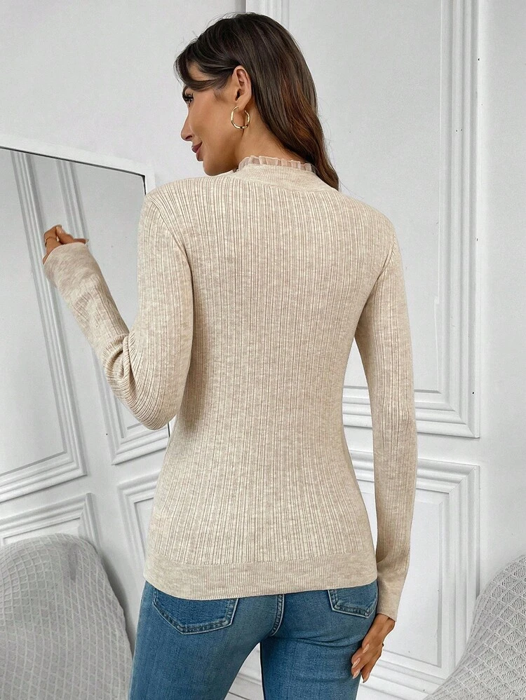 Nouveau pull femme en tricot ajouré col roulé avec doublure en maille, coupe slim, style automne casual
