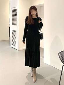 DAZY 女士麻花针织长袖圆领修身毛衣裙，高品质秋冬分层穿搭