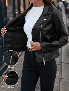 SHEIN Clasi Winter Clothes For Women  Women's Versatile Jacket, Black PU Leather Jacket, Classic PU Autumn/Winter Short Jacket Black Coat Winter Clothes Women's Winter Jacket Autumn Clothes For Women Black Leather Jacket Cropped Jackets Black Crop Jacket Women Jackets Black Jacket Women Black Tops  Black Motorcycle Jacket Black Warm Leather Jacket Autumn  Clothes For Women Chic Women's Jacket  Clothes With Lining - Black - View 2