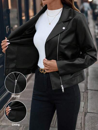 SHEIN Clasi Winter Clothes For Women  Women's Versatile Jacket, Black PU Leather Jacket, Classic PU Autumn/Winter Short Jacket Black Coat Winter Clothes Women's Winter Jacket Autumn Clothes For Women Black Leather Jacket Cropped Jackets Black Crop Jacket Women Jackets Black Jacket Women Black Tops  Black Motorcycle Jacket Black Warm Leather Jacket Autumn  Clothes For Women Chic Women's Jacket  Clothes With Lining