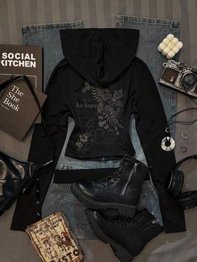 Attitoon Women's Solid Color Fitted Grunge Vintage Punk Goth Cross Wing Print Hoodie T-Shirt, Suitable For Street, Airport, Dark Y2K, Chic Styles In Autumn