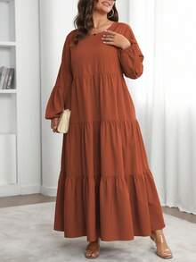 Vionelle 大码女式春夏纯色圆领灯笼袖荷叶边下摆宽松休闲连衣裙长款女装 - 橘色 - 查看 4