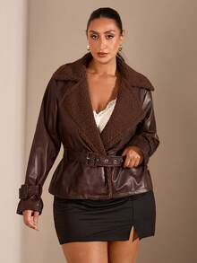 SHEIN BAE Plus Size Women Lapel NeckLong Sleeve Belted Fashionable Faux Fur Jacket, Autumn/Winter