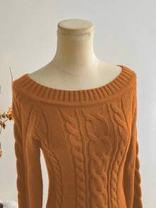 SHEIN LUNE Minimalistyczny, szykowny, damski sweter z dzianiny kablowej w kolorze brązowym, z odkrytymi ramionami i długim rękawem, jesień/zima - Pomarańczowy - Zobacz 5