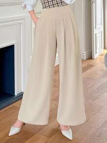 DAZY Solid Color Pleated Wide Leg Maxi Women's Dress Pants Business Attire - Apricot - View 5