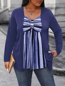 EMERY ROSE Women's Plus Size Striped Splice Asymmetrical Hem 2 In 1 T-Shirt Graphic Tees Women Tops - Navy Blue - View 3