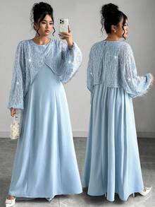 Elenzga Vestido elegante con mangas de murciélago con lentejuelas de talla grande, para uso en fiestas, primavera/otoño